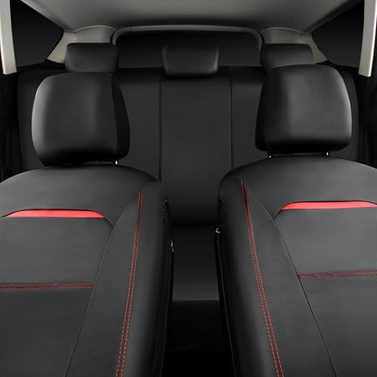 CAR PASS Leather Car Seat Cover Full Set with Steering Wheel Cover and 2PCS Seat Belt Shoulder Pads,for Trucks and SUV with Built-in Seatbelts and Front Seat Side Armrests(Combo Set, Black and Red)
