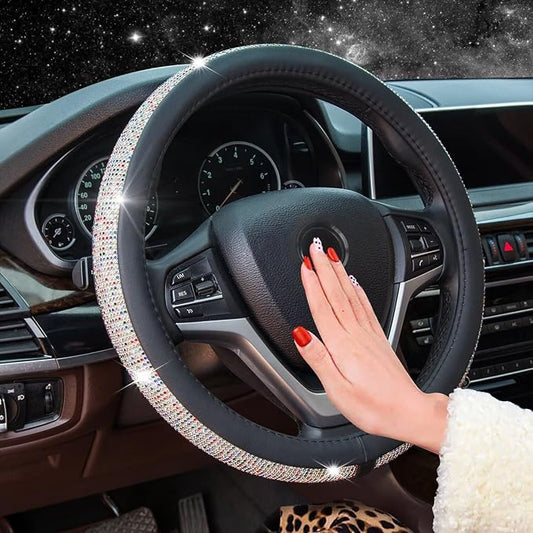 New Diamond Leather Steering Wheel Cover with Bling Bling Crystal Rhinestones, Universal Fit 15 Inch Car Wheel Protector for Women Girls Black with Colorful Diamonds