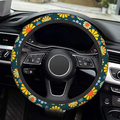 Hippie Flower Steering Wheel Cover, Anti-Slip 15 Inches Car Steering Wheel Cover for Women Men, Neoprene Floral Car Accessories Protective Case for Vehicle Truck SUV