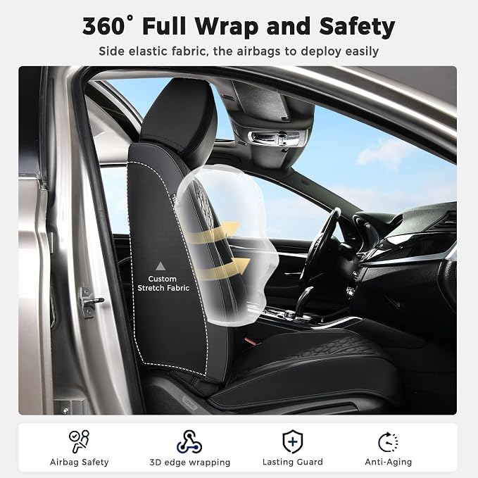 Huidasource Black Front Car Seat Covers, 360° Full Wrap Seat Covers with Lumbar Support, Leather Seat Cushion Covers Protector Fit for Most Cars SUV Trucks, Automotive Seat Covers