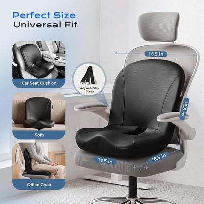 Coverado Car Seat Cushion and Lumbar Support Pillow One Piece, Napa Leather Memory Foam Ergonomic Back Support Driving Seat Cushion for Back Pain, Non-Slip Washable Cushion for Car, Driver, Office