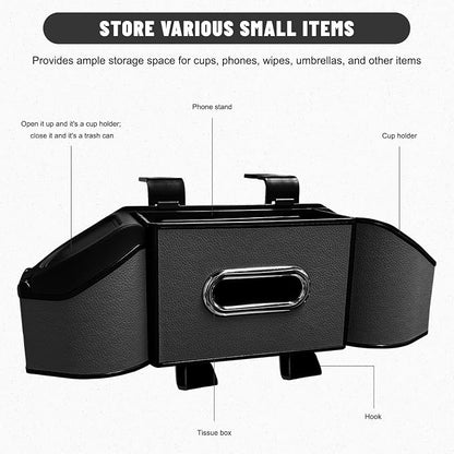 Car Backseat Organizer, 7-In-1 Multifunctional Car Headrest Storage Box with Hook Phone Holder & Cup Holder, Vehicle Hanging Seat Back Organizer for Hold Phone Snacks Drinks (Black)