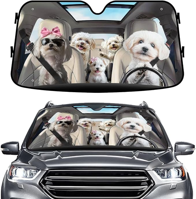 GENANY Maltese Windshield Cover for Car SUV Truck (55x30 Inches), Foldable Heat Shield, Shades for Front Windows, Protector Blocks UV, Car Decor