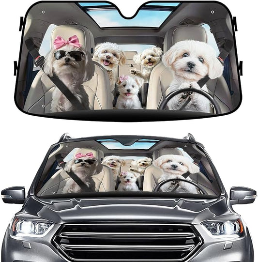 GENANY Maltese Windshield Cover for Car SUV Truck (55x30 Inches), Foldable Heat Shield, Shades for Front Windows, Protector Blocks UV, Car Decor