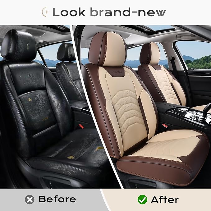Coverado Seat Covers, Car Seat Covers Front Seats, Faux Leather Automotive Seat Covers Luxury Waterproof Car Seat Cover Protectors Carseat Cover Universal Fit for Most Cars Trucks SUV, Coffee&Beige