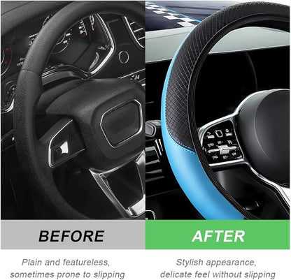 DXNQ Car Steering Wheel Cover, 15 Inch Carbon Fiber Leather Stitching Color Steering Wheel Protector, Anti-Slip Elastic Breathable Steering Wheel Cover Stylish Decor for Most Cars (Black&Blue, AD)