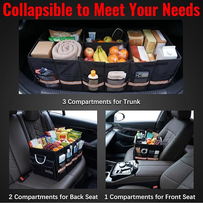 Car Trunk Organizer with Cooler Bag, 90L Portable Trunk Cargo Organizer for SUV Truck Sedan, 3 Compartments Collapsible Car Storage Box with Lid, 4 Removable Dividers