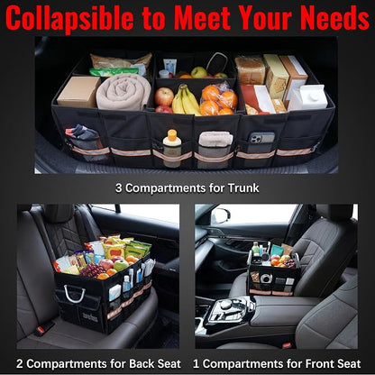 Car Trunk Organizer with Cooler Bag, 90L Portable Trunk Cargo Organizer for SUV Truck Sedan, 3 Compartments Collapsible Car Storage Box with Lid, 4 Removable Dividers