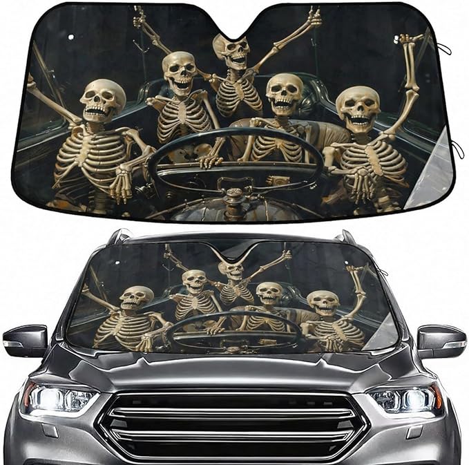 Windshield Sun Shade Funny Skeletons in Car Front Window Block UV Shades Visor Reflective Retractable for Car SUV Trucks