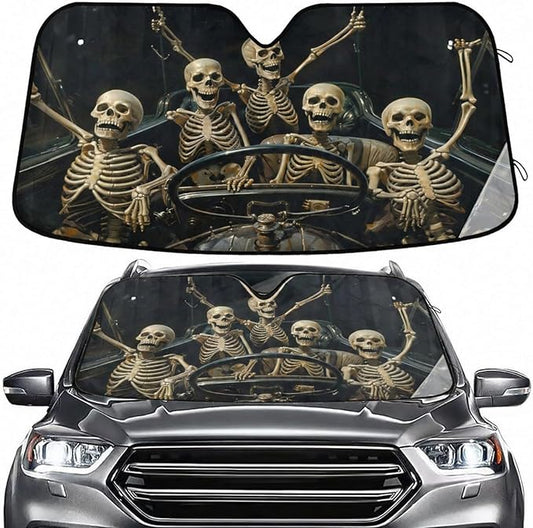 Windshield Sun Shade Funny Skeletons in Car Front Window Block UV Shades Visor Reflective Retractable for Car SUV Trucks