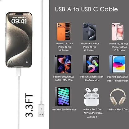 iPhone 17/17E/16E Car Carplay Cable for iPhone 17Air, 15/16/17 Pro Max 15 16 Plus Car Accessories Cable,USB A to USB C for iPad 10th Gen iPad Pro,Air 5th 4th Mini 6th Charger Cord Replacement (3.3 FT)