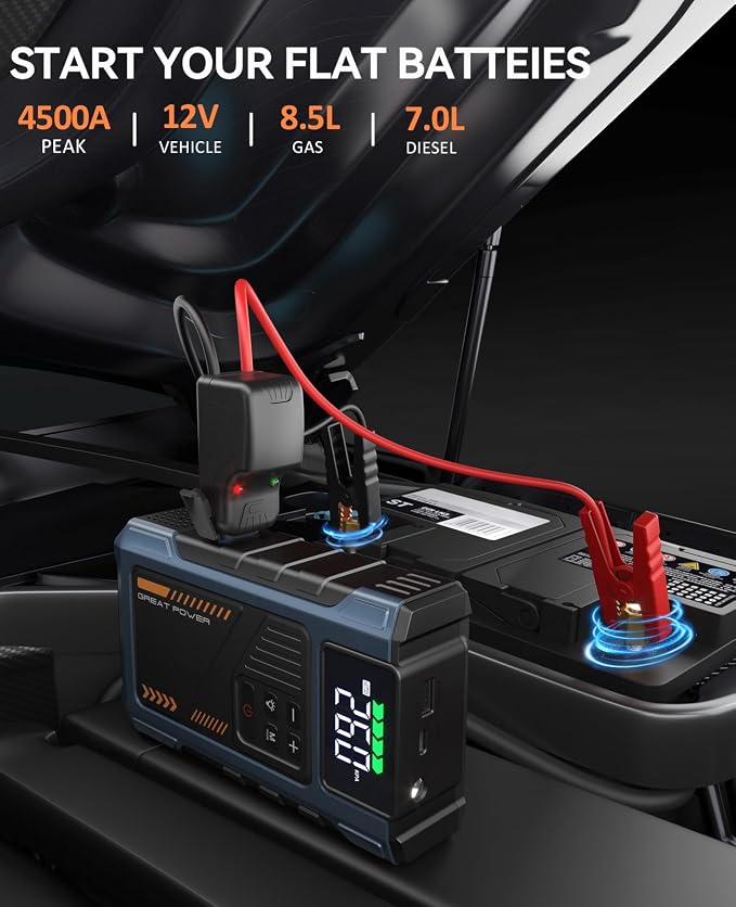 Car Battery Charger Jump Starter with Air Compressor, 4500A Jump Box for Car Battery Portable Jumper Cables with Battery Pack, 12V Jumpstart Combo 150PSI Tire Inflator Air Pump (8.5L Gas/7.0L Diesel)