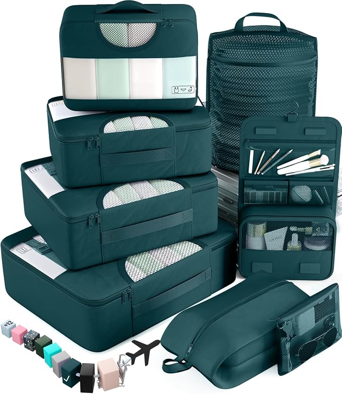 Veken 8 Set Packing Cubes for Travel Essentials,Anti-Wrinkle Buckled Suitcase Organizer for Shoe & Toiletry Bag,Carry On Luggage Bag with 99+ Count Mesh Holes for Airplane & College Dorm Accessories