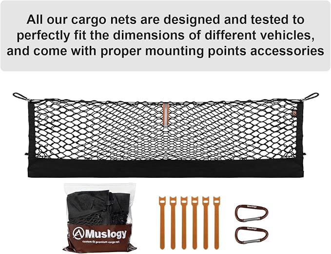 Muslogy Truck Bed Cargo Net Trunk Netting Compatible with 2021-2026 Chevy Suburban&Tahoe|GMC Yukon&Yukon XL| Escalade Accessories, Pickup Cargo Organizer SUV Sedan Storage Net w/Heavy Duty Carabiners