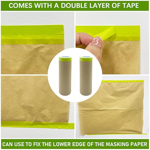 Tape and Drape, 18” x 100 feet Masking Paper for Painting, Pre-Taped Masking Paper with Adhesive, Paint Tape, Car Protection Covering Paper for Car and Furniture, Floor (2 Pack)