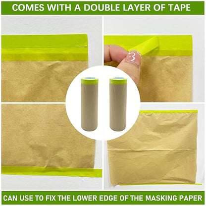 Tape and Drape, 18” x 100 feet Masking Paper for Painting, Pre-Taped Masking Paper with Adhesive, Paint Tape, Car Protection Covering Paper for Car and Furniture, Floor (2 Pack)