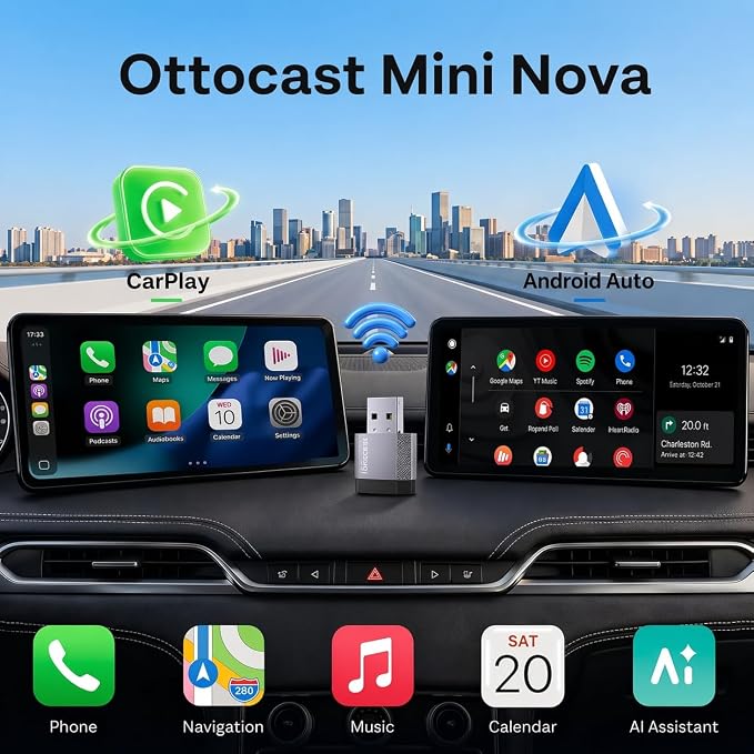 OTTOCAST Mini Nova, 2 in 1 New Gen Wireless Carplay & Android Auto Adapter, Plug & Play, Auto Reconnect USB Dongle, Compatible with OEM Wired Carplay/Android Auto Cars