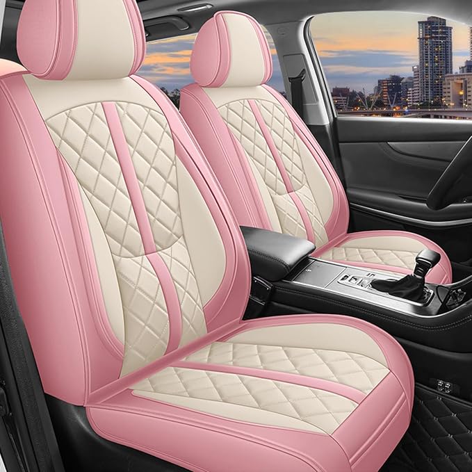otoez Pink Car Seat Covers Full Set, Universal Leather Seat Cover 5 Seat Waterproof & Breathable Automotive Seat Protector Full Coverage for Cars Sedens, Trucks, SUVs, Vans (Pink & White)