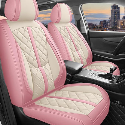 otoez Pink Car Seat Covers Full Set, Universal Leather Seat Cover 5 Seat Waterproof & Breathable Automotive Seat Protector Full Coverage for Cars Sedens, Trucks, SUVs, Vans (Pink & White)