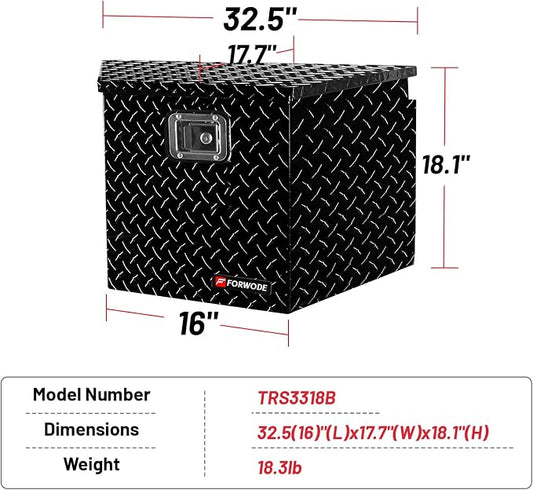 FORWODE Trailer Tongue Box 33 Inch Aluminum Tongue Tool Box Lockable Trailer Tool Chest with Gas Strut, Secure Diamond Plate Truck Tongue Tool Box for Trailer, Truck Bed, Pickup & RV Storage (Black)