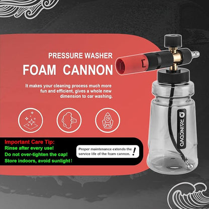 Raincovo Foam Cannon Wide Mouth for Pressure Washer, Thick Snow Foam Lance for Car Wash, Adjustable Soap Cannon with 1/4 Inch Quick Connector, Additional 1.1mm Orifice Nozzle