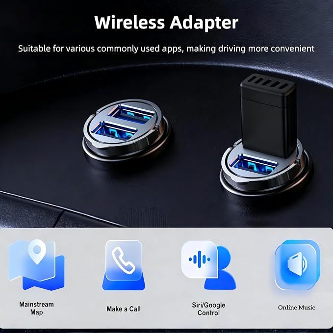 Carplay Adapter, Wired to Wireless, Car Projection for Online Music and Navigation, 2 in 1 Wireless CarPlay Adapter for Kinds of Cars