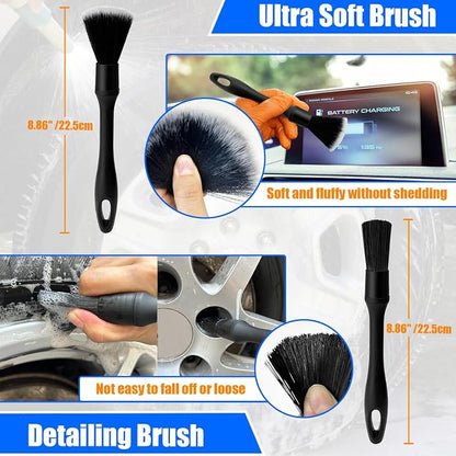 Wheel Brush Kit, Soft Drill Wheel Cleaner Brush, Tire Brush, Detailing Brush, and Detailing Pads, No Scratches Car Wheel Cleaning Kit for Wheels, Tire, Rims, Engines, Exhaust(Blue + White 9 Pk)