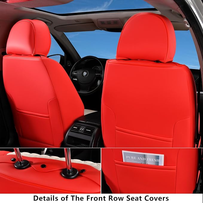 Coverado Seat Covers Full Set, Leather Car Seat Cover, Waterproof Car Seat Protector, Automotive Seat Covers Car Seat Cushion Universal Fit for Most Cars, Red&White