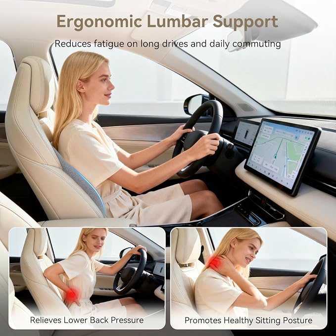 Dense Lumbar Support Pillow for Office Chair, Ergonomic Memory Foam Back Support Pillow for Lower Back Pain Relief, Lumbar Cushion for Chair, Car Seat, Gaming Chair, Adjustable Straps, Grey