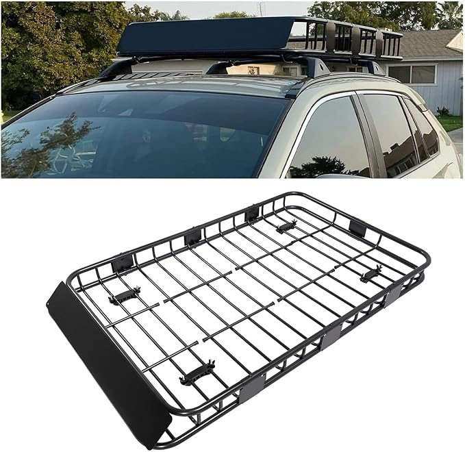 ECOTRIC 59" x 39" x 5.1" Universal Adjustable Roof Rack Cargo Carrier Basket with Extension Heavy Duty Steel Car SUV Top Luggage Storage Holder Basket for Travel 250LBS Weight Capacity