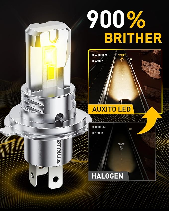 AUXITO H4 LED Bulbs Yellow 3000K 9003 HB2 Light Bulbs, 900% Brighter 40000LM Light Bulbs, Plug N Play, 20 Years Long Lifespan, No Flicker, 99% Compatibility, 2PCS