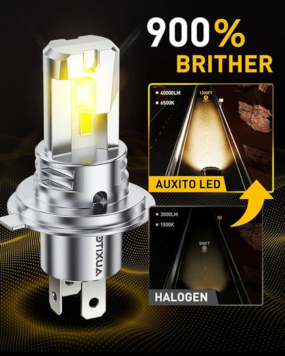 AUXITO H4 LED Bulbs Yellow 3000K 9003 HB2 Light Bulbs, 900% Brighter 40000LM Light Bulbs, Plug N Play, 20 Years Long Lifespan, No Flicker, 99% Compatibility, 2PCS