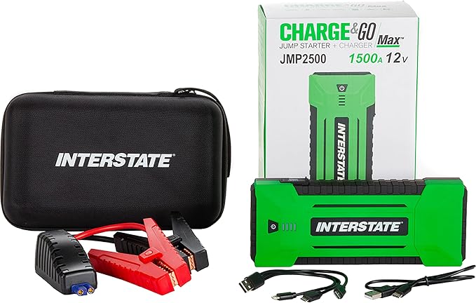 Interstate Batteries Jump Starter and Charger 12V 1500A (25,000mAH, 25Ah) Portable LED Jumpstart Battery Power Pack for 12 Volt Automotives, USB Electronics (JMP2500)
