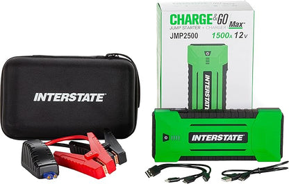 Interstate Batteries Jump Starter and Charger 12V 1500A (25,000mAH, 25Ah) Portable LED Jumpstart Battery Power Pack for 12 Volt Automotives, USB Electronics (JMP2500)