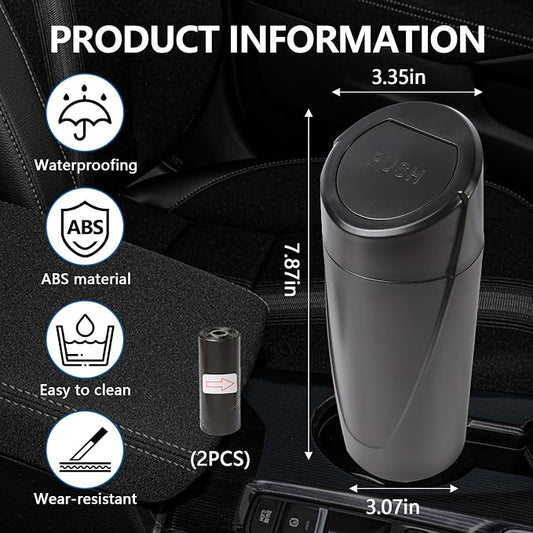 Hovom Mini Car Trash Can with Lid, Portable Garbage Can for Car, Leakproof Cup Holder Automotive Garbage Bin with 2 Rolls of Trash Bags, Small Trash Storage Can for Car Home Office(Black)