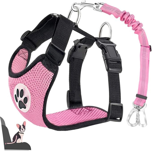 Lukovee Dog Car Harness Seat Belt, Adjustable Mesh Breathable Vest with Elastic Bungee Tether, Soft Padded 2-in-1 Safety Car Harness Seatbelt for Small Medium Large Dogs (A-Pink,L)