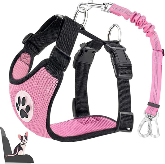 Lukovee Dog Car Harness Seat Belt, Adjustable Mesh Breathable Vest with Elastic Bungee Tether, Soft Padded 2-in-1 Safety Car Harness Seatbelt for Small Medium Large Dogs (A-Pink,XXS)