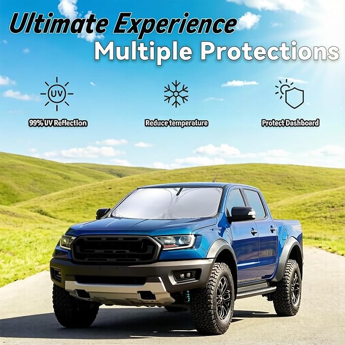 Windshield Sun Shade for 2019-2026 Ford Ranger (XL, XLT, Lariat), Car Front Window Sunshade with 240T Sun Visor Protector Blocks UV Rays Heat Sun Shield Accessories