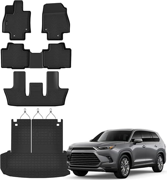Auxko All Weather Floor Mats Cargo Mat with Backrest Mat for 2024 2025 2026 Toyota Grand Highlander 7&8 Seat Only All Season TPE Accessories Odorless Anti-Slip Floor Liners Trunk Tray