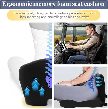 Memory Foam Seat Cushion for Sciatica & Back Pain Relief - Ergonomic Chair Pad with Adjustable Strap & Supportive Comfort Cover, Non-Slip for Car, Truck, Office Chair -Black