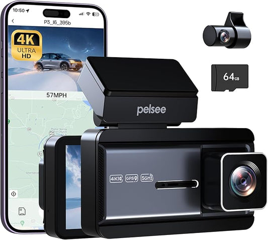 Pelsee 4K Dash Cam Front and Rear, 64GB SD Card, Dual Dash Camera for Cars with Wi-Fi, GPS, ADAS, BSD, LCA, 3’’ IPS Display Car Camera, APP & Voice Control, Night Vision, 24H Parking Mode