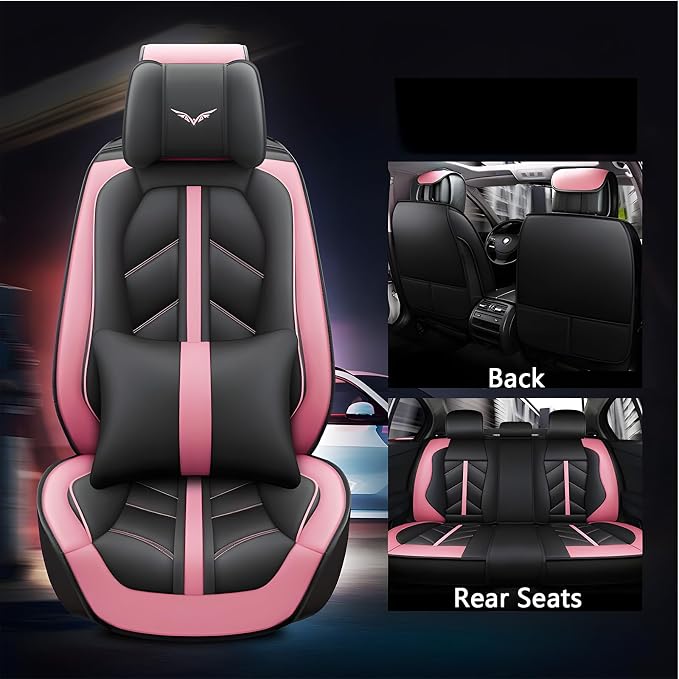 otoez Car Seat Covers Full Set, Leather Pink Seat Covers for Cars 5 Seats, Automotive Front and Rear Seat Protectors Universal Fit Most Cars Sedans SUV Pick-up Truck (Pink, with Pillows)