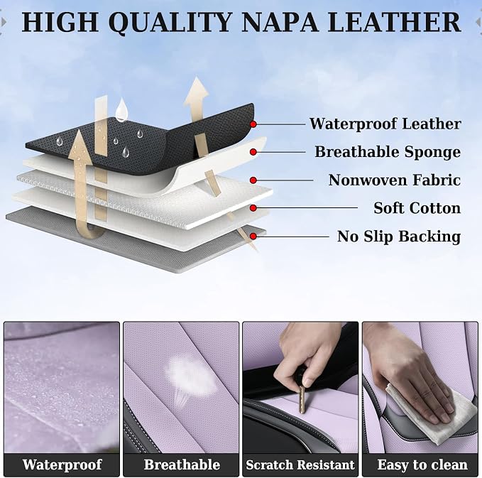 Coverado Universal Seat Covers Front, Universal Seat Covers for Cars, 2-Pack Waterproof Nappa Leather Car Seat Covers with Head Pillow, Auto Protectors Fit for Most Sedans SUV Truck-Black&Purple