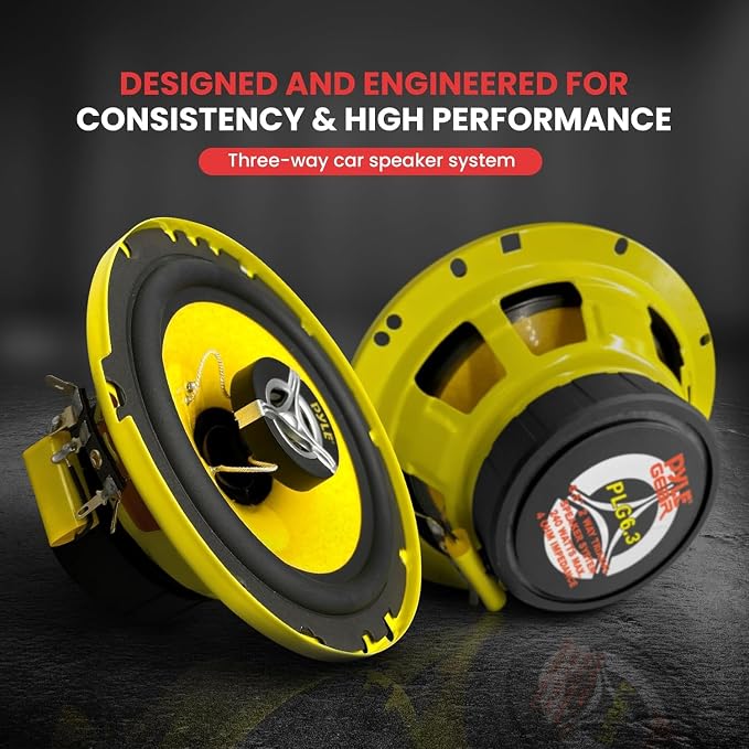 Pyle Car Three Way Speaker System - Pro 6.5 Inch 280 Watt 4 Ohm Mid Tweeter Component Audio Sound Speakers For Car Stereo w/ 40 Oz Magnet, 2.25” Mount Depth Fits Standard OEM - Pyle PLG6.3 (Pair),Yellow/Black