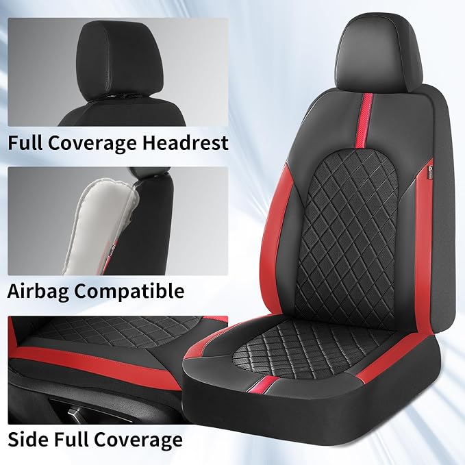 Coverado Red Car Seat Covers Full Set, Waterproof Front Seats Back Seat Cover, Leather Car Seat Cushion Universal Fit for Most Cars