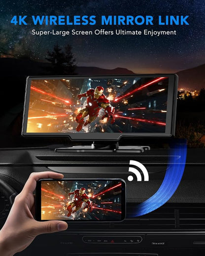 10.26" Apple Carplay Screen for Car, Wireless Portable Car Play & Android Auto HD Touch Screen, 4K Dash Cam, 1080P Backup Camera, Bluetooth 5.0, FM/Mirror Link/GPS Navigation, for All Vehicles