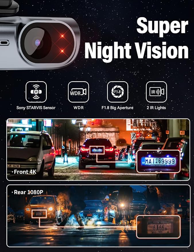FOCUWAY 4K Front and Rear Dash Cam: Fast 5GHz WiFi & Hands-Free Voice Control, Compact Hidden Design, 24/7 Parking Mode Recording, Supercapacitor & Type-C, Free 64GB Card, Super Night Vision