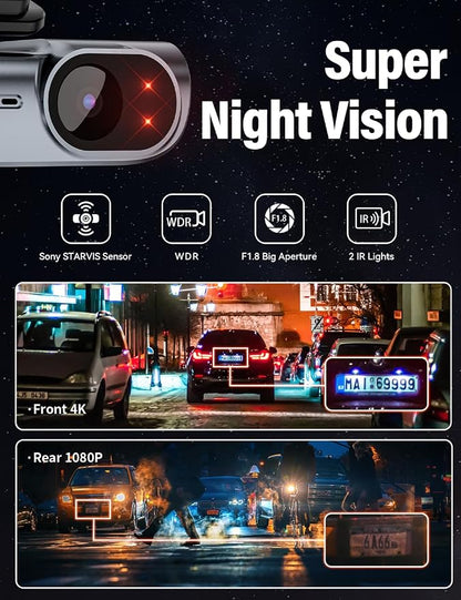 FOCUWAY 4K Front and Rear Dash Cam: Fast 5GHz WiFi & Hands-Free Voice Control, Compact Hidden Design, 24/7 Parking Mode Recording, Supercapacitor & Type-C, Free 64GB Card, Super Night Vision