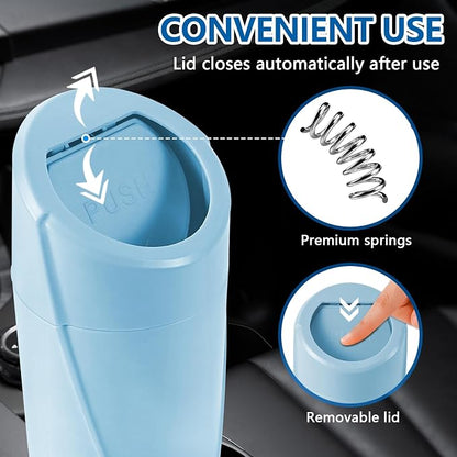Hovom Mini Car Trash Can with Lid, Portable Garbage Can for Car, Leakproof Cup Holder Automotive Garbage Bin with 2 Rolls of Trash Bags, Small Trash Storage Can for Car Home Office(Light Blue)