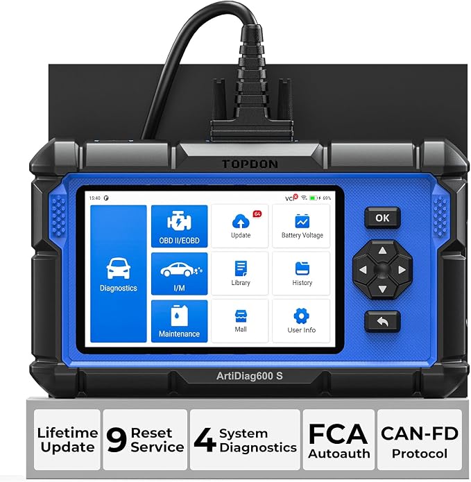 OBD2 Scanner TOPDON AD600S Scan Tool, Code Reader, Diagnostics Scanner for ABS/SRS/AT/Engine, 9 Reset Services, CAN-FD, Oil/Brake/BMS/SAS/DPF/TPMS/ETS Reset/ABS Bleeding/Injector Coding, Free Upgrade